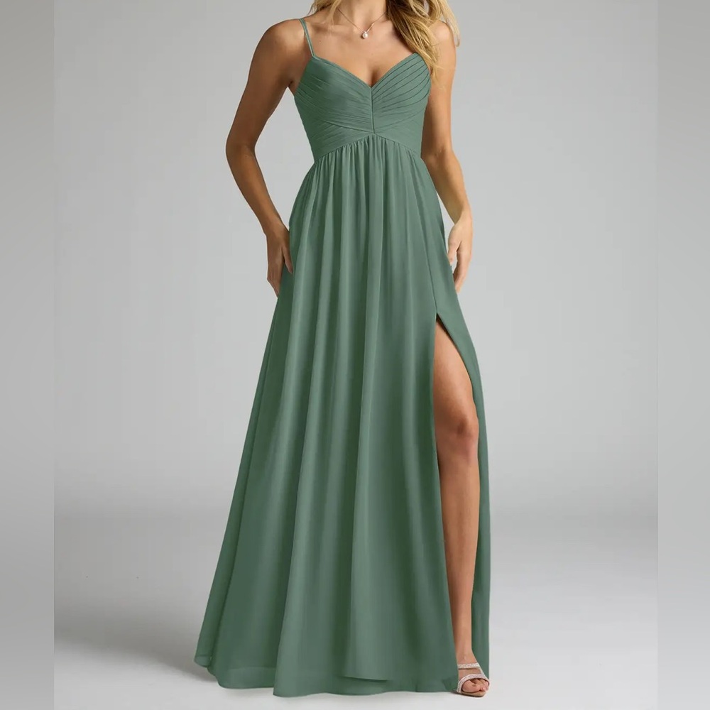 Azazie Alia Eucalyptus A-Line Pleated Chiffon Dress